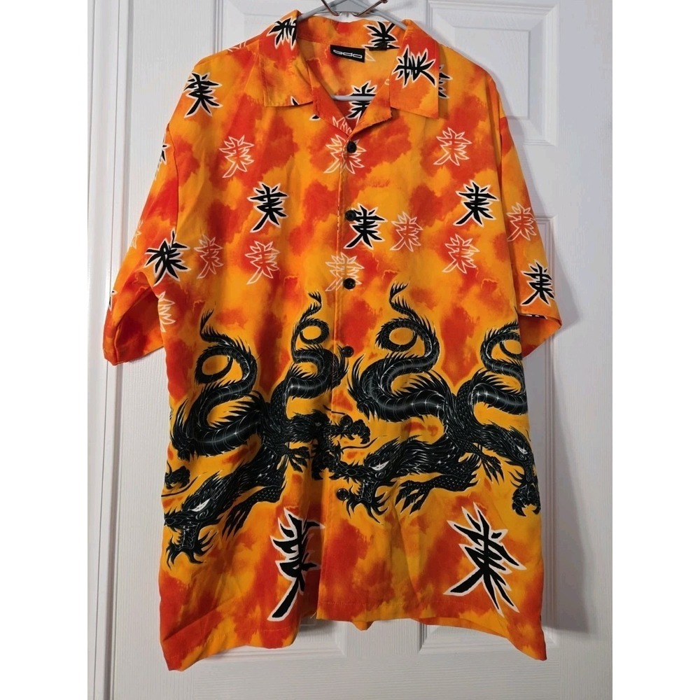 ODO Mens Shoet Sleeve‎ Button Down Shirt Dragon Print Size Large Multicolor